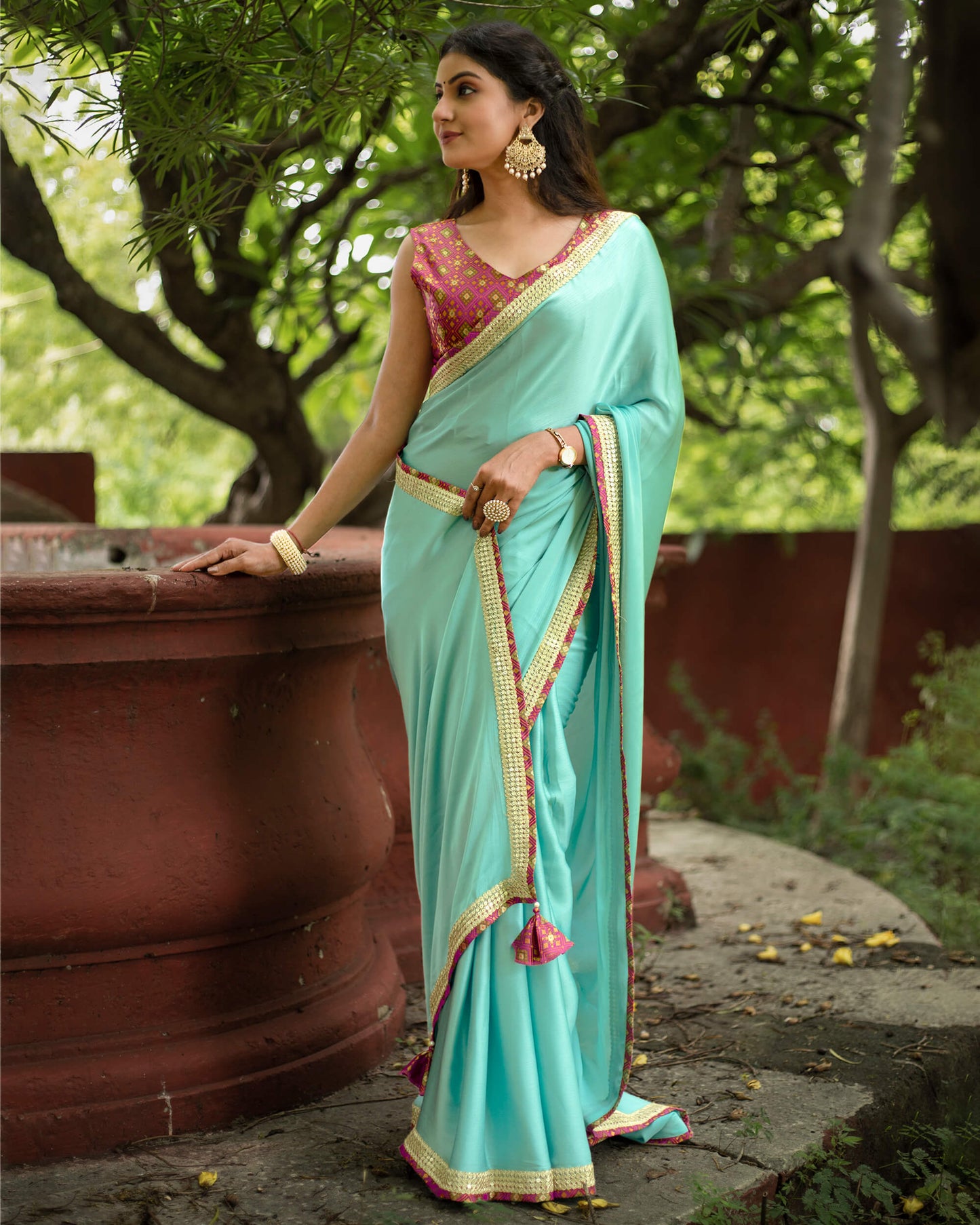 Turkish Blue Plain Chiffon Satin Saree With Premium Bandhani Lace Border