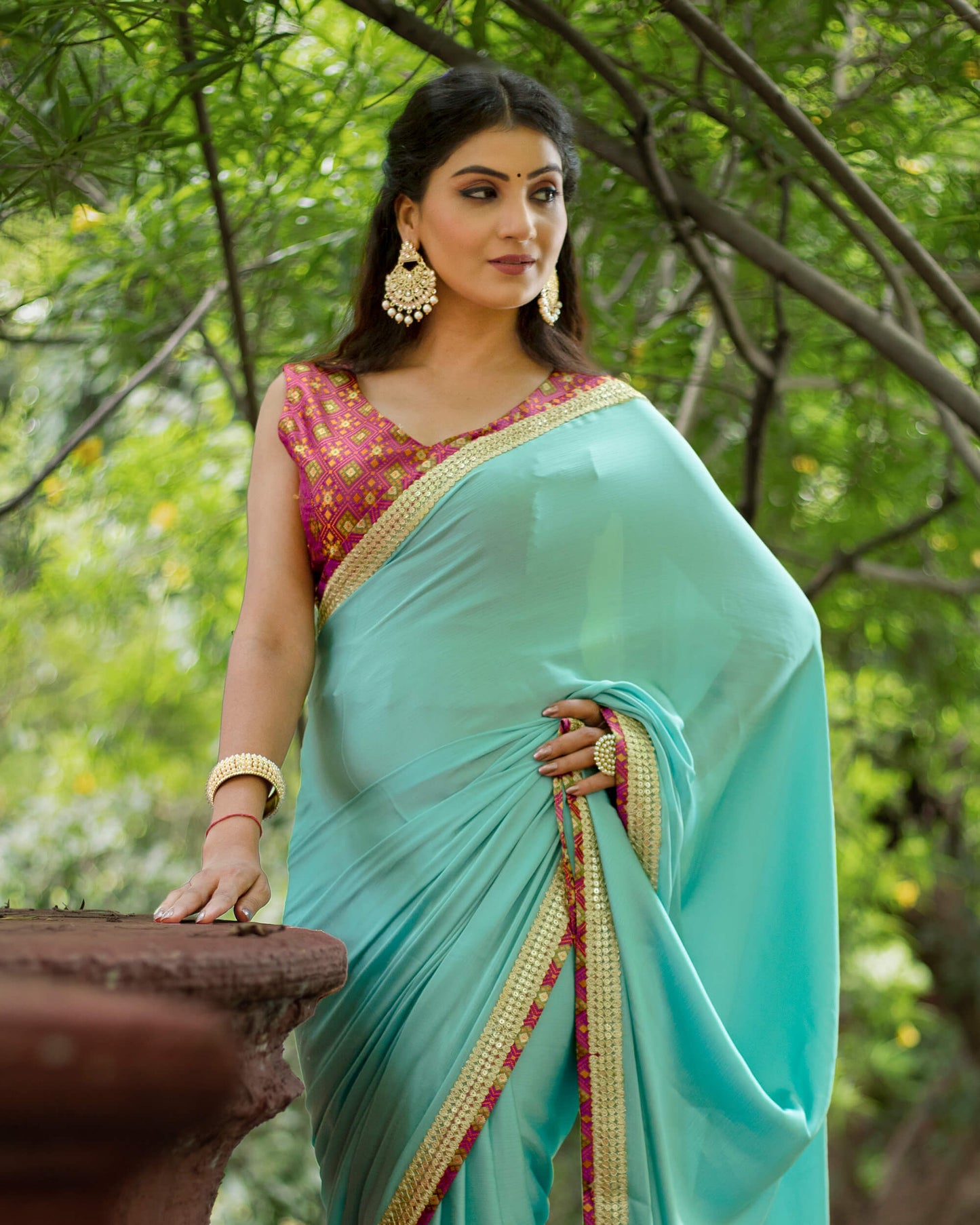 Turkish Blue Plain Chiffon Satin Saree With Premium Bandhani Lace Border