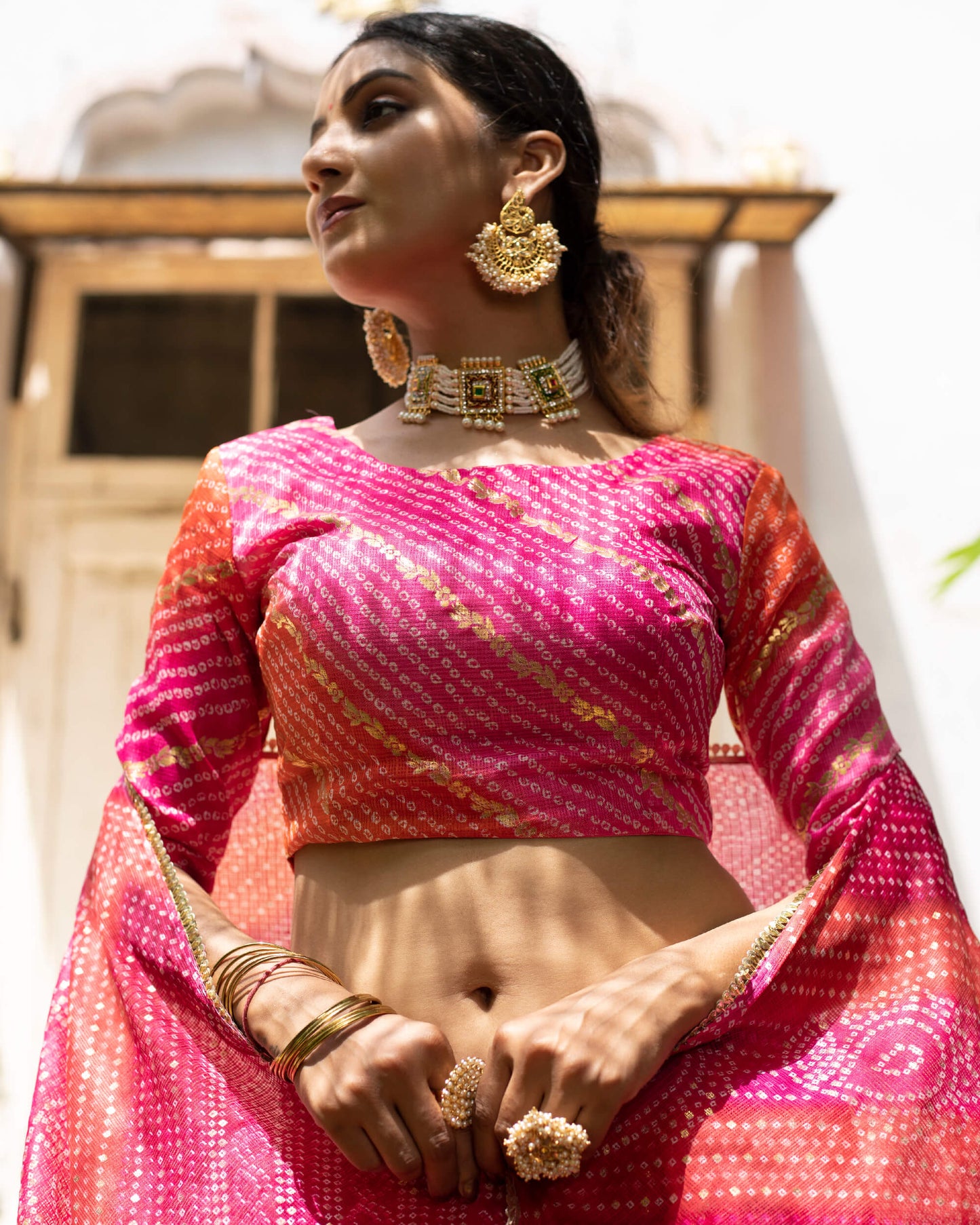 Magenta Pink And Red Bandhanii Pattern Kota Doria Saree With Lace Border