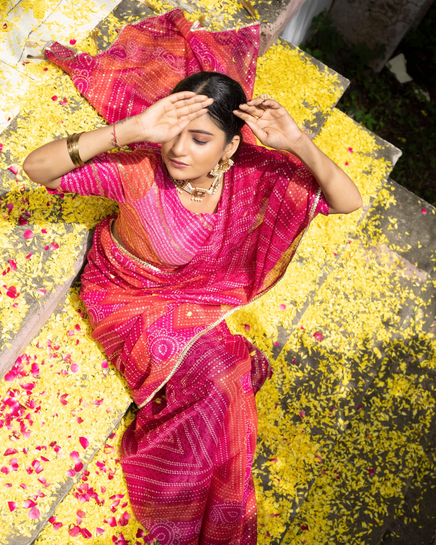 Magenta Pink And Red Bandhanii Pattern Kota Doria Saree With Lace Border