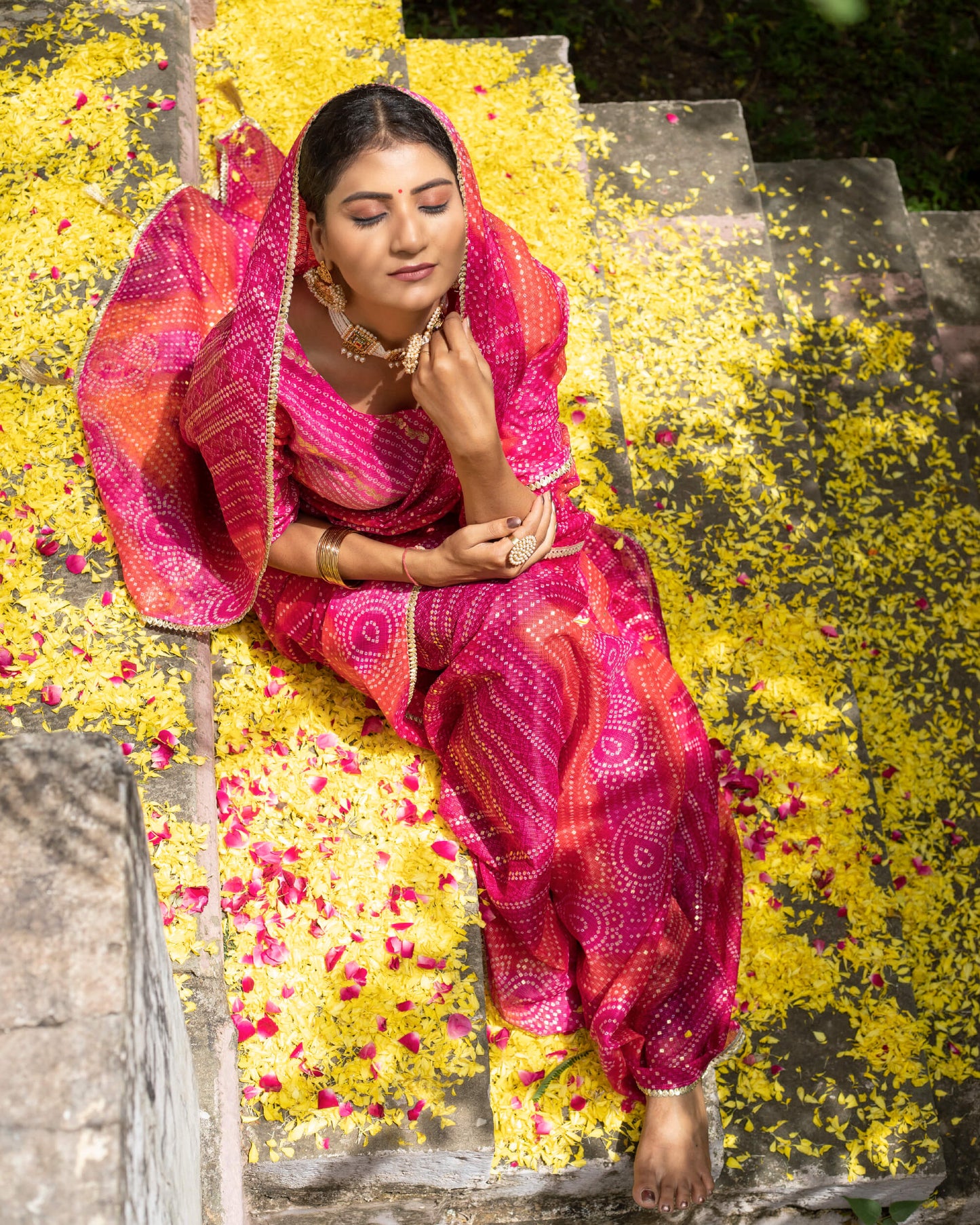 Magenta Pink And Red Bandhanii Pattern Kota Doria Saree With Lace Border