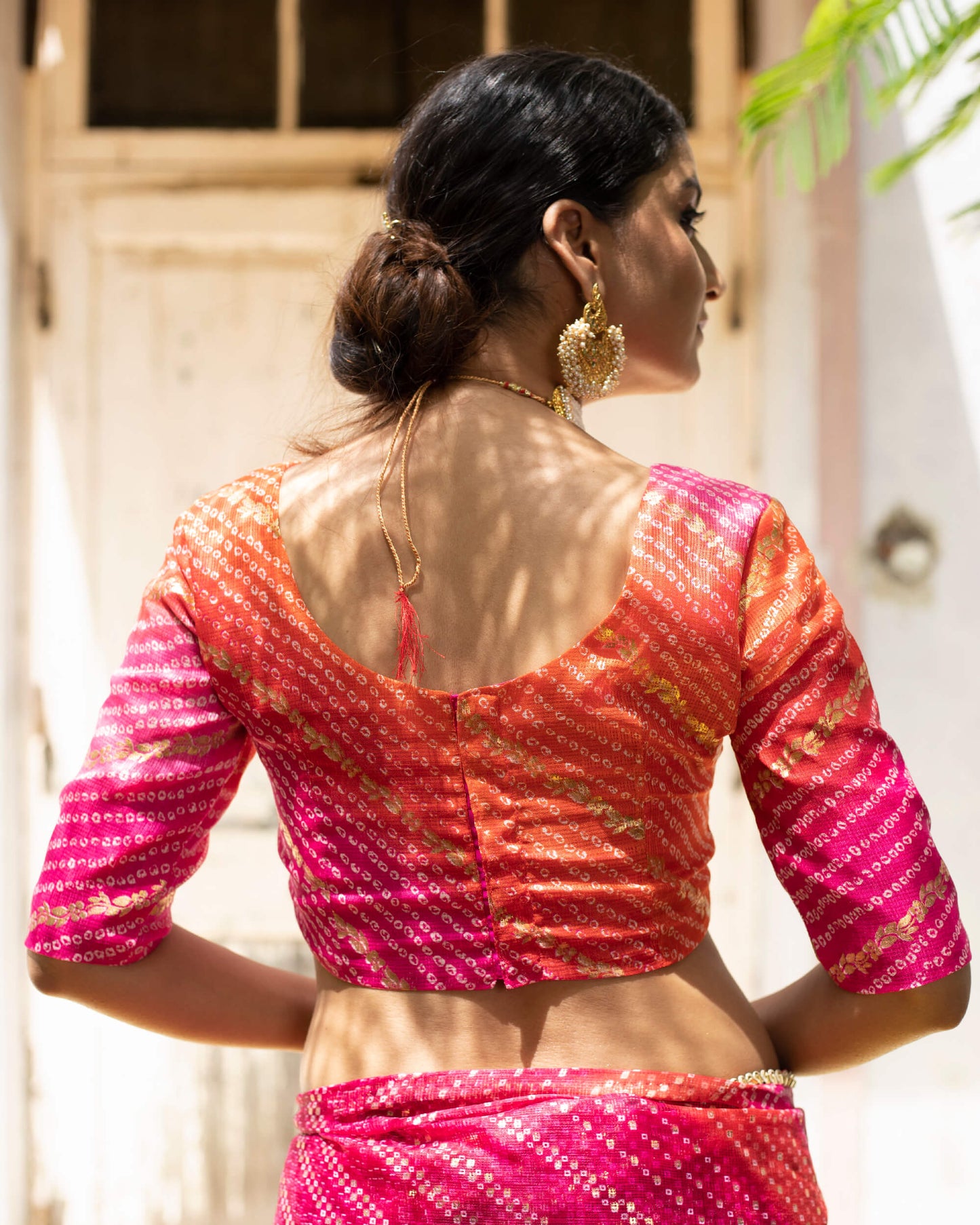 Magenta Pink And Red Bandhanii Pattern Kota Doria Saree With Lace Border