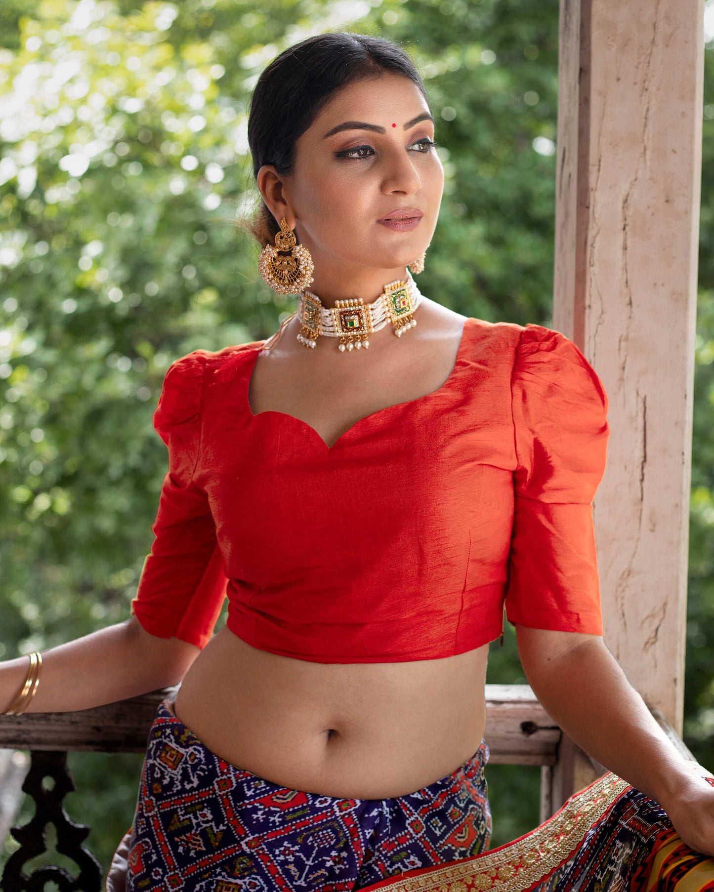 Navy Blue And Red Patolaa Pattern Digital Print Georgette Satin Saree With Premium Lace