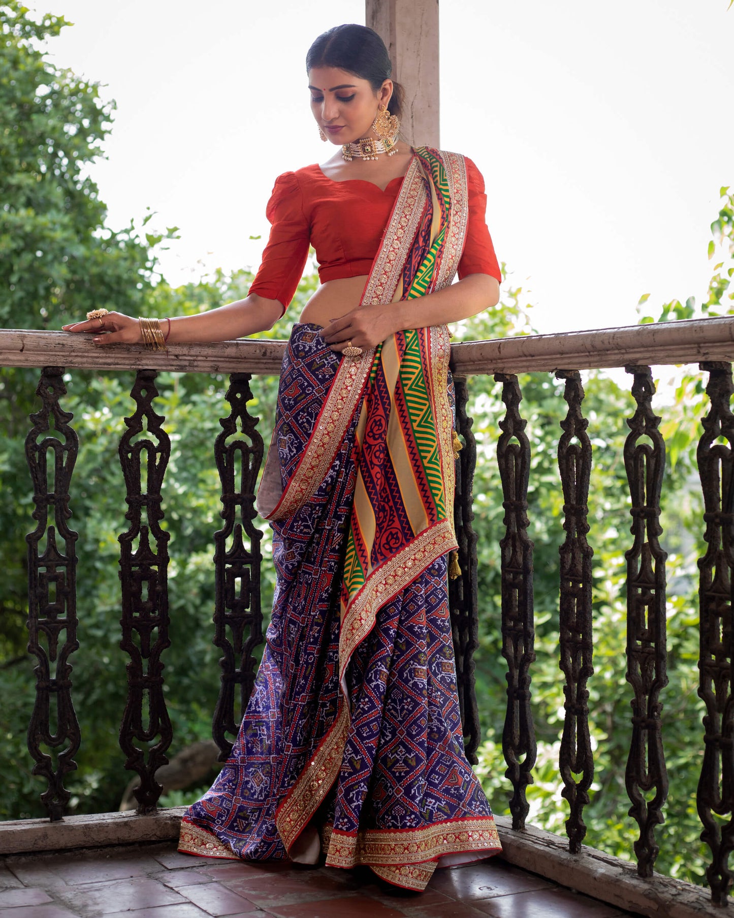 Navy Blue And Red Patolaa Pattern Digital Print Georgette Satin Saree With Premium Lace
