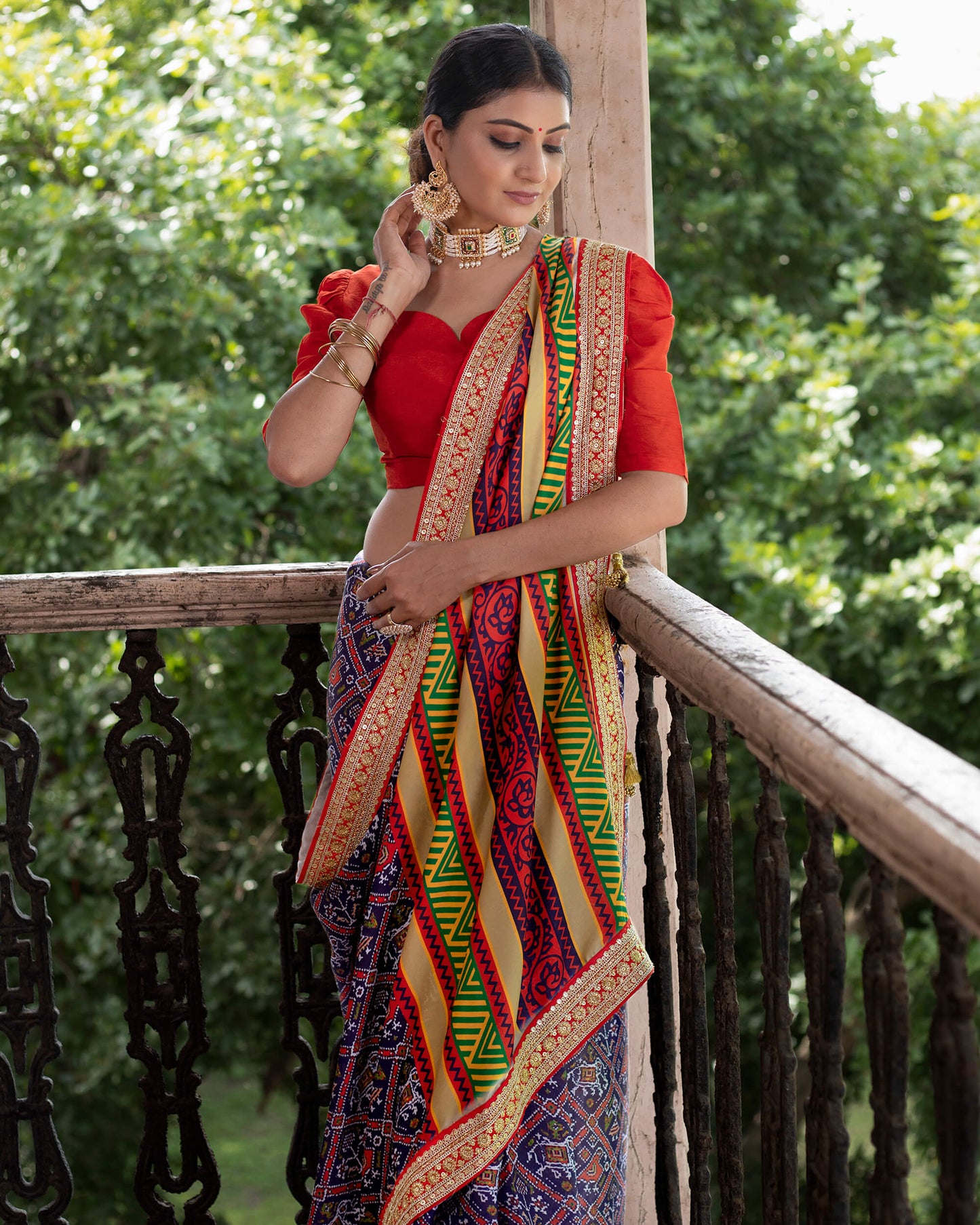 Navy Blue And Red Patolaa Pattern Digital Print Georgette Satin Saree With Premium Lace