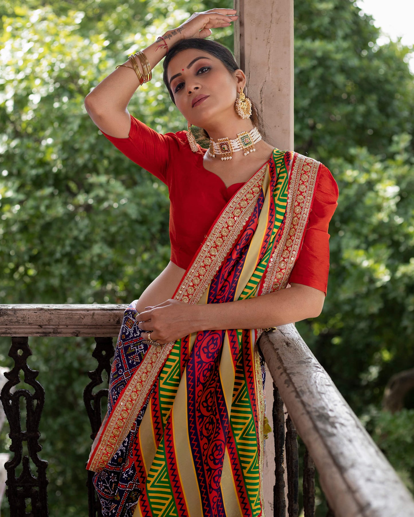 Navy Blue And Red Patolaa Pattern Digital Print Georgette Satin Saree With Premium Lace