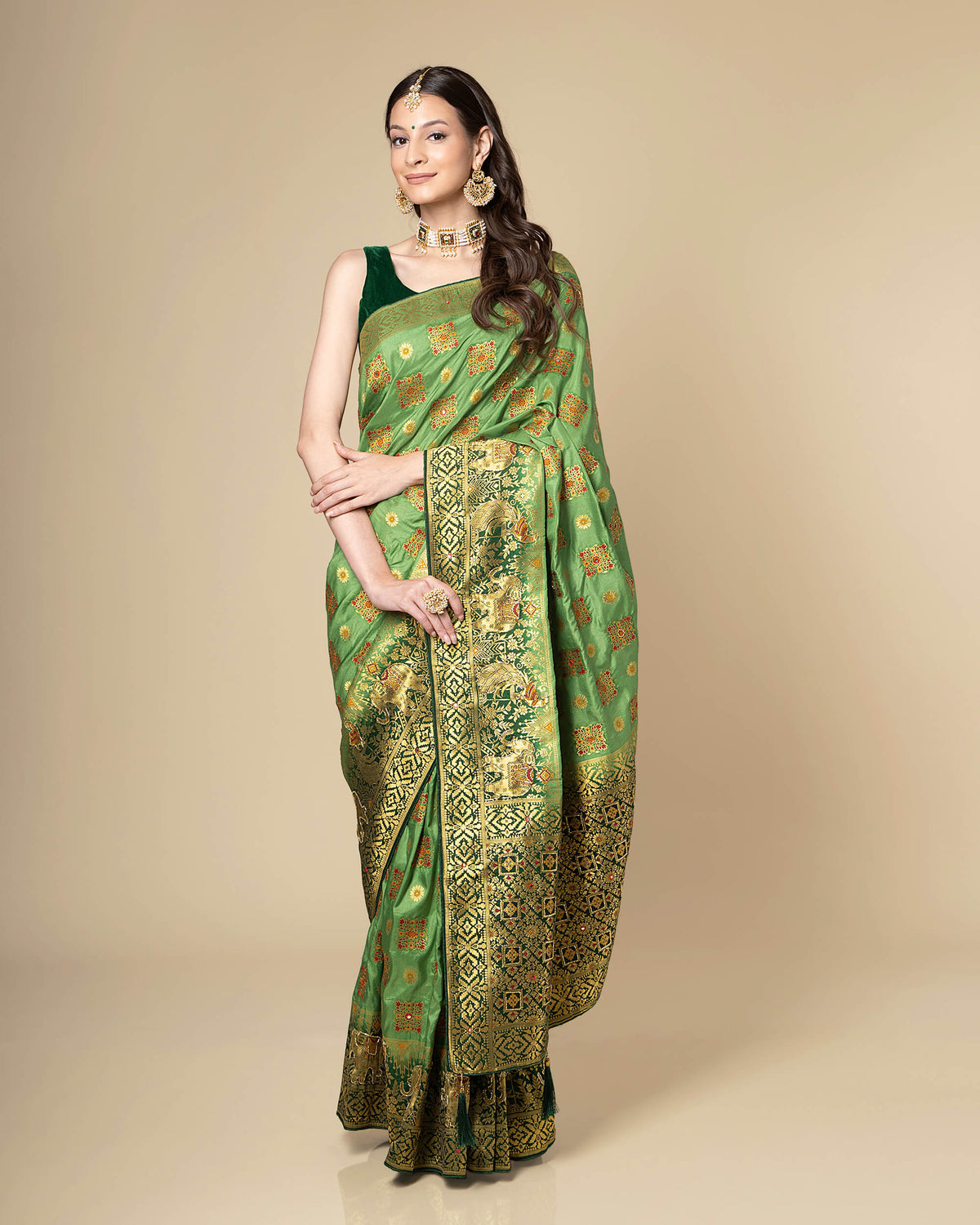 Green Trational Jacquard Work with Delica Beads Exclusive Silk Saree