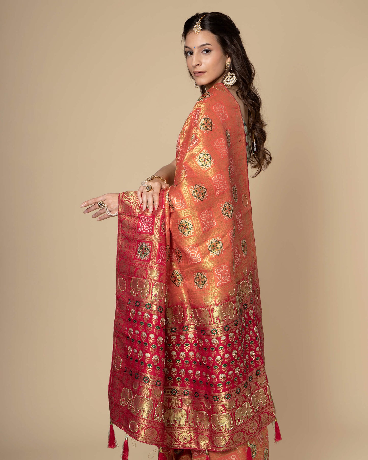 Orange Traditional Bandhani Jacquard Work with Delica Beads Exclusive Silk Saree