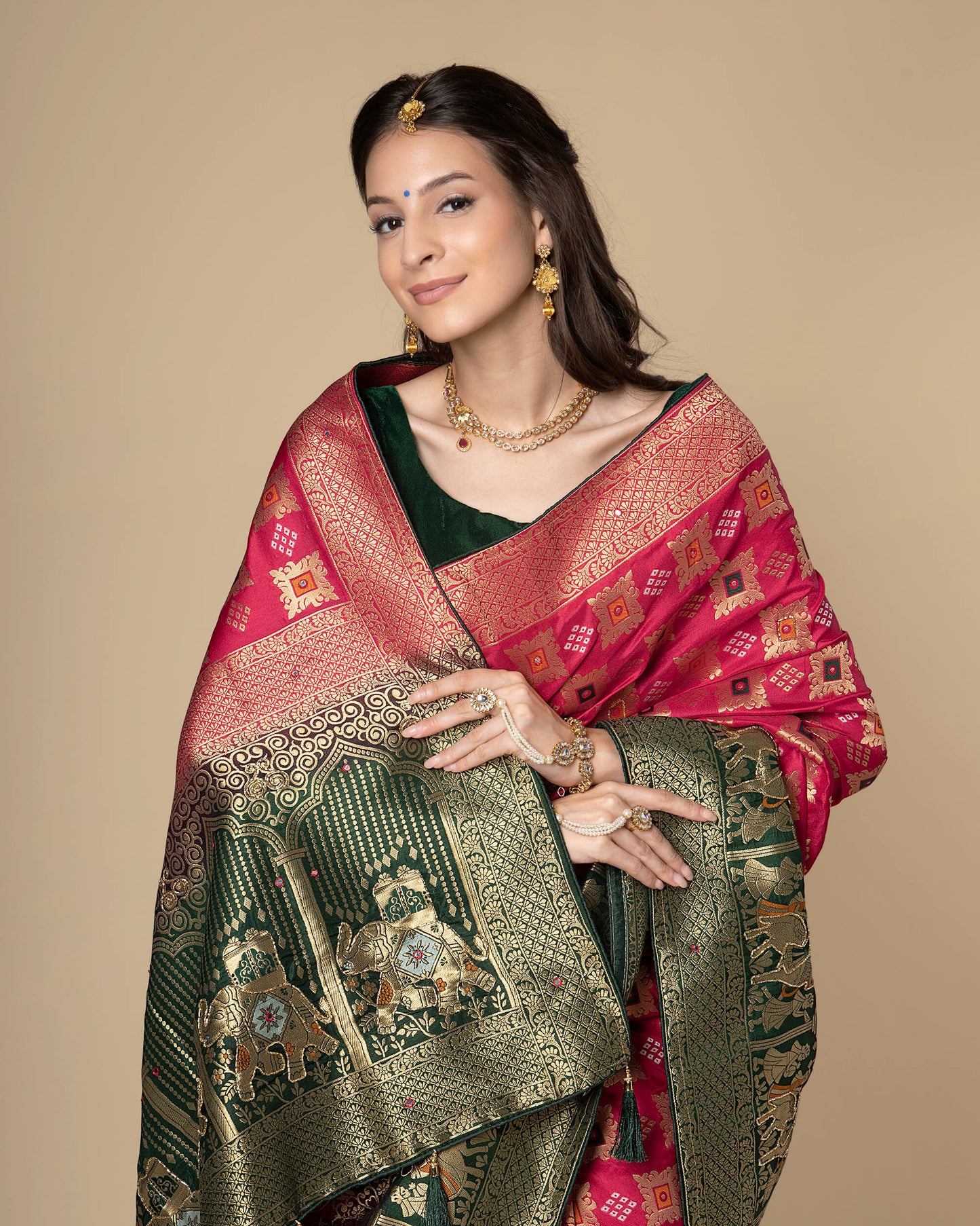 Pink Bandhani Jacquard Work With Delica Beads Exclusive Gharchola Silk Saree