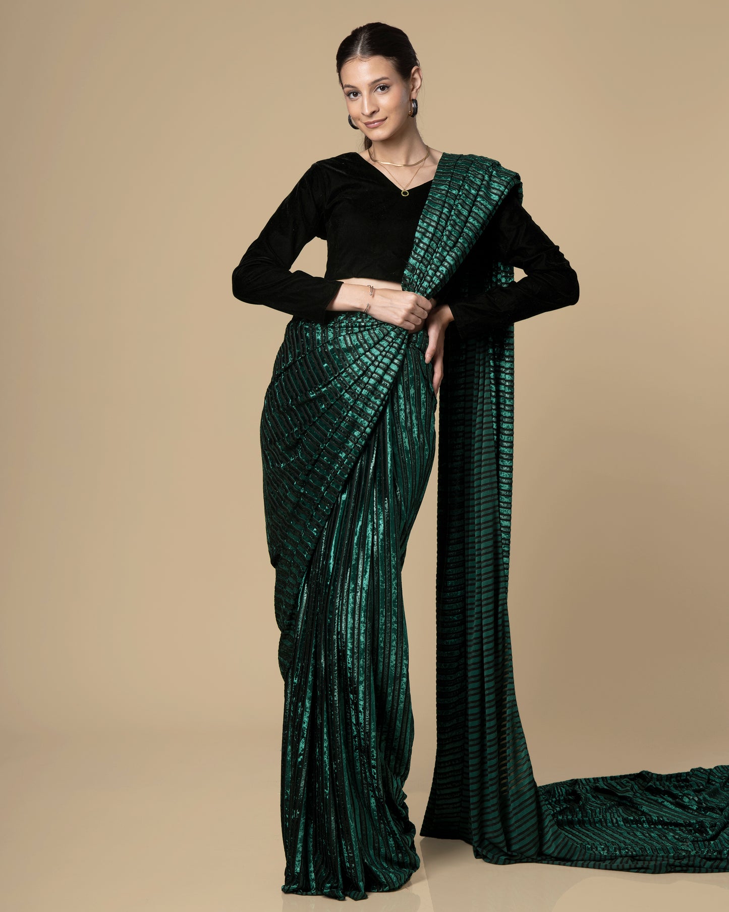 Green Stripes Exclusive Imported Velvet Saree