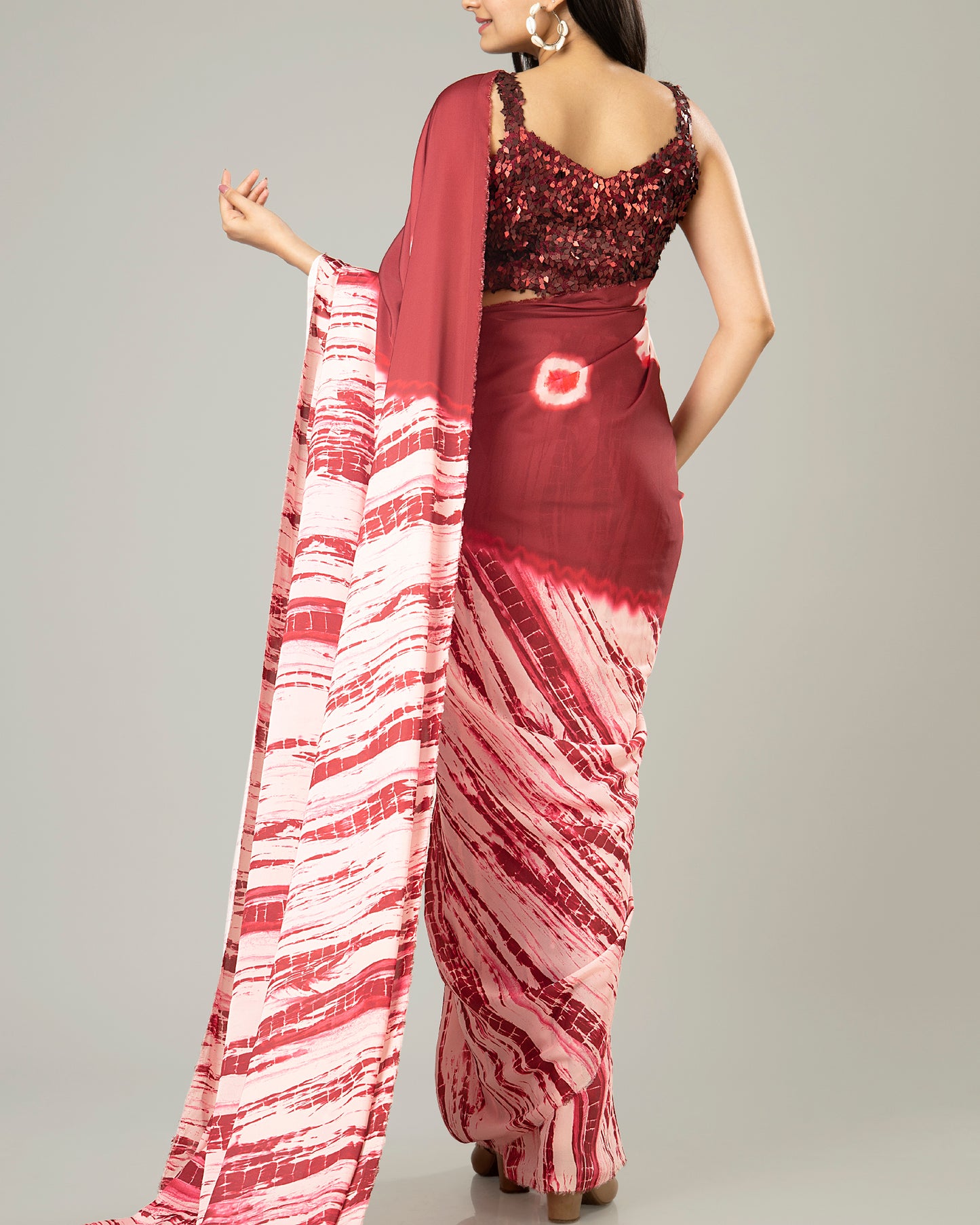 Trendy Wine Red Shibori Crepe Silk Saree