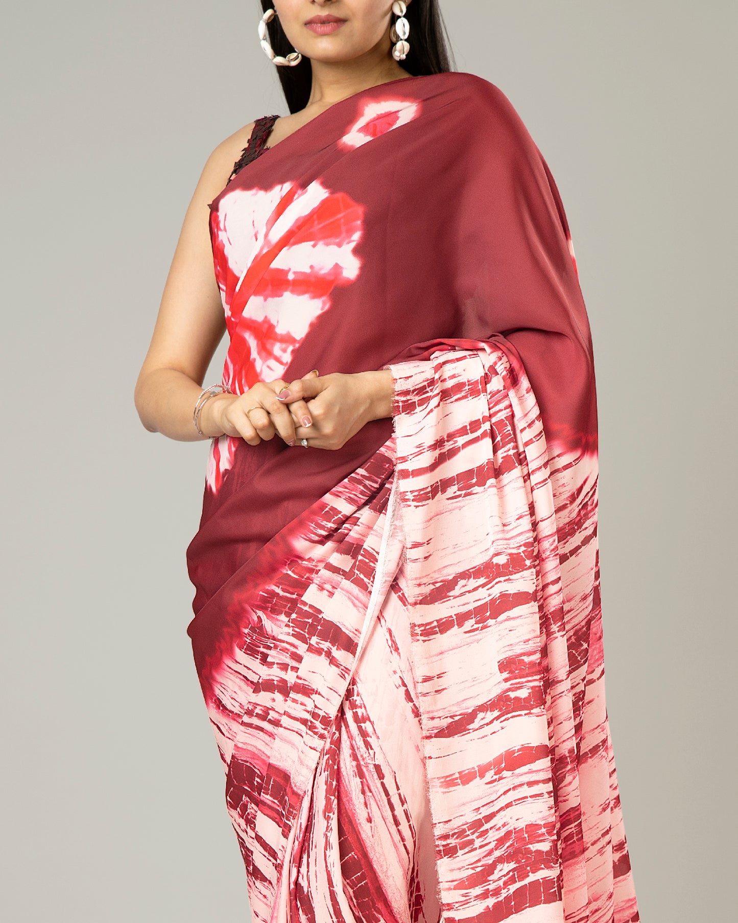 Trendy Wine Red Shibori Crepe Silk Saree