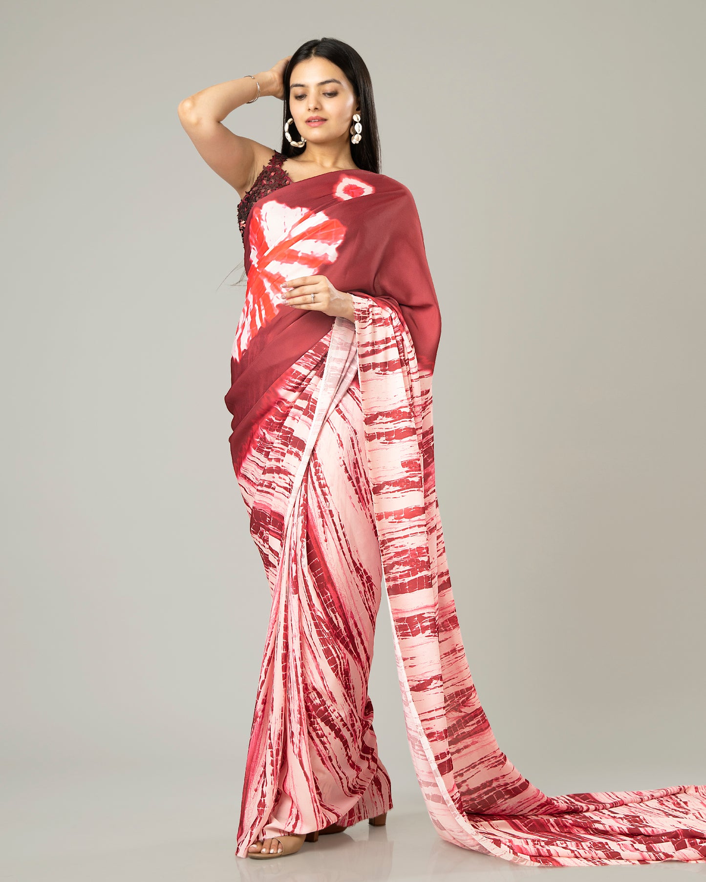 Trendy Wine Red Shibori Crepe Silk Saree