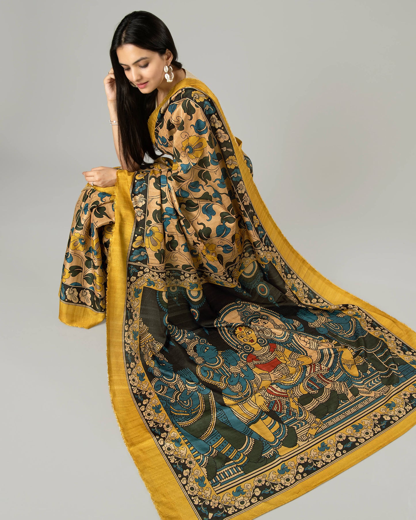 Attractive Mustard Kalamkrii Printed Art Tusser Silk Saree