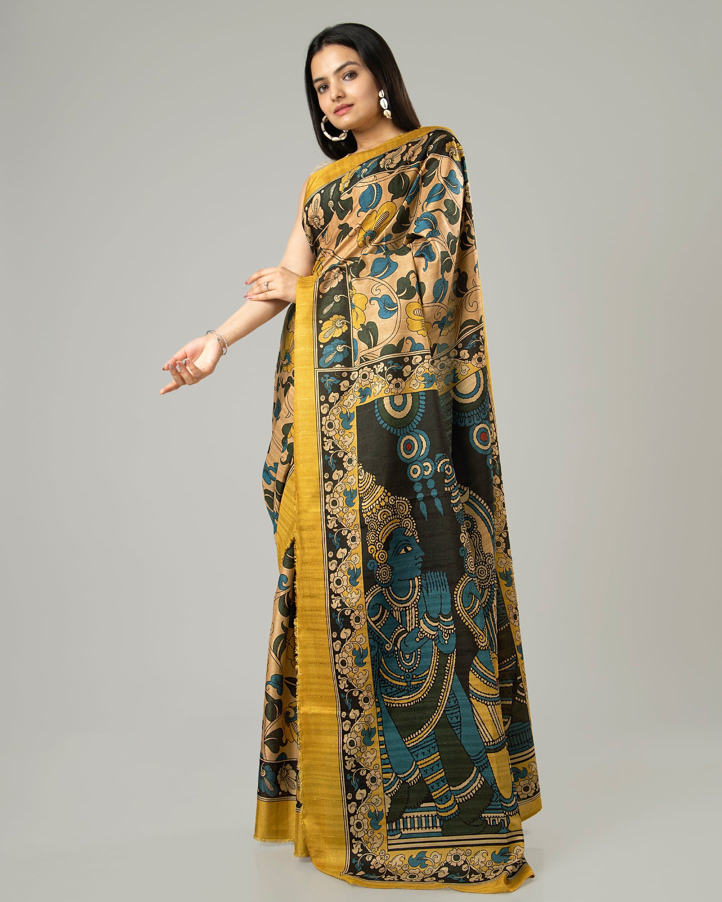 Attractive Mustard Kalamkrii Printed Art Tusser Silk Saree