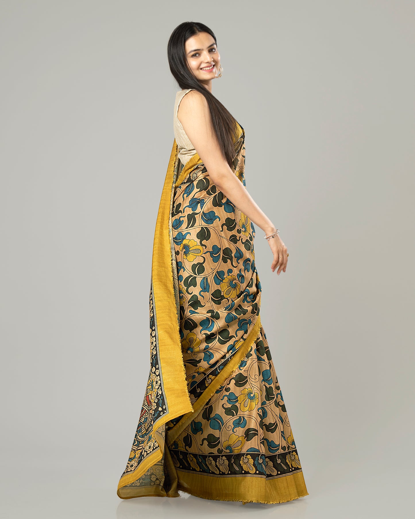 Attractive Mustard Kalamkrii Printed Art Tusser Silk Saree