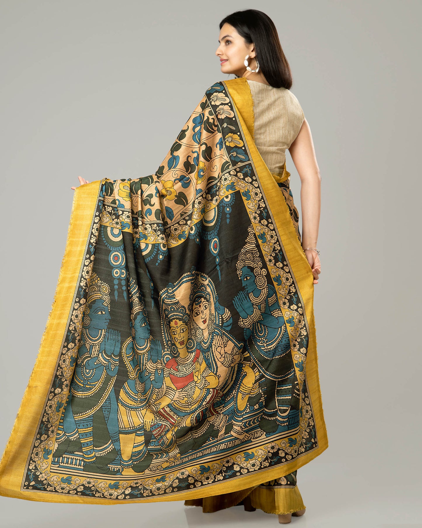 Attractive Mustard Kalamkrii Printed Art Tusser Silk Saree