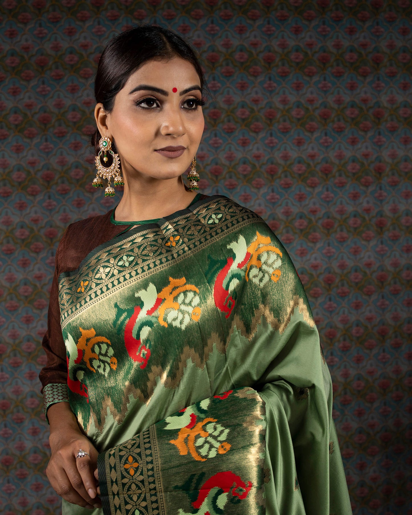 Sage Green And Red Booti Pattern Zari Jacquard Bordered Premium Banarasi Silk Saree With Blouse