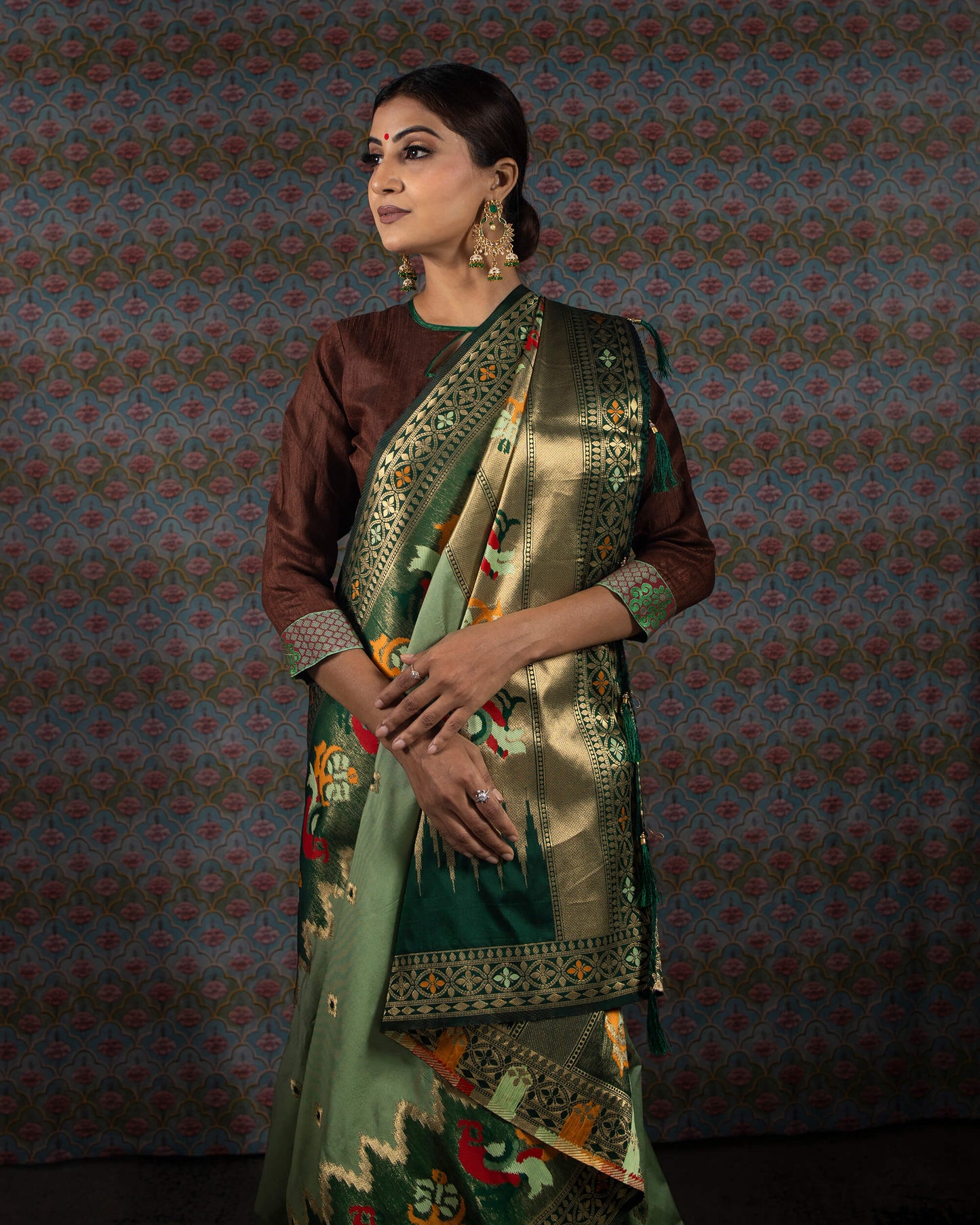 Sage Green And Red Booti Pattern Zari Jacquard Bordered Premium Banarasi Silk Saree With Blouse