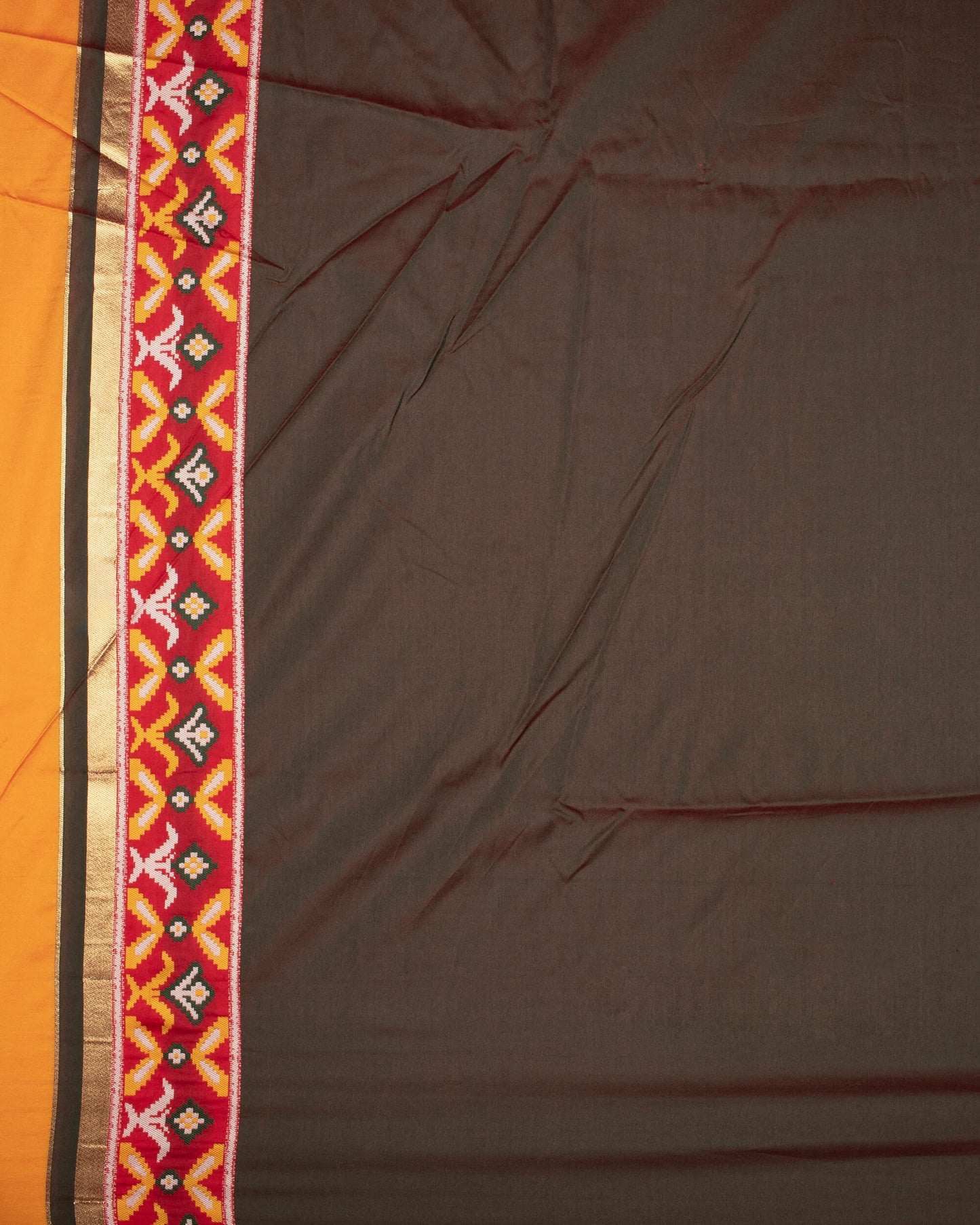 Fire Yellow And Red Patolaa Pattern Zari Jacquard Bordered Premium Banarasi Silk Saree With Blouse