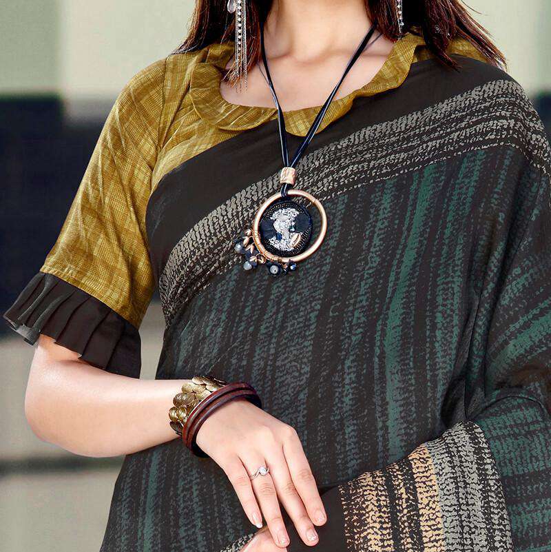 Spruce Blue And Black Stripes Pattern Digital Printed Chanderi Saree With Tassels