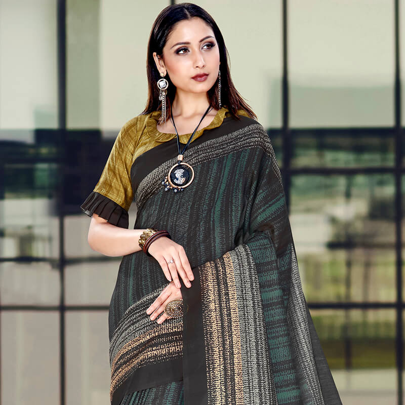 Spruce Blue And Black Stripes Pattern Digital Printed Chanderi Saree With Tassels