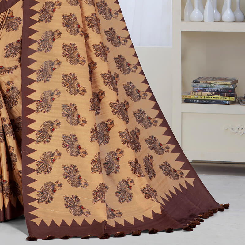 Beige And Dark Brown Kalamkrii Pattern Digital Printed Art Tussar Silk Saree With Tassels