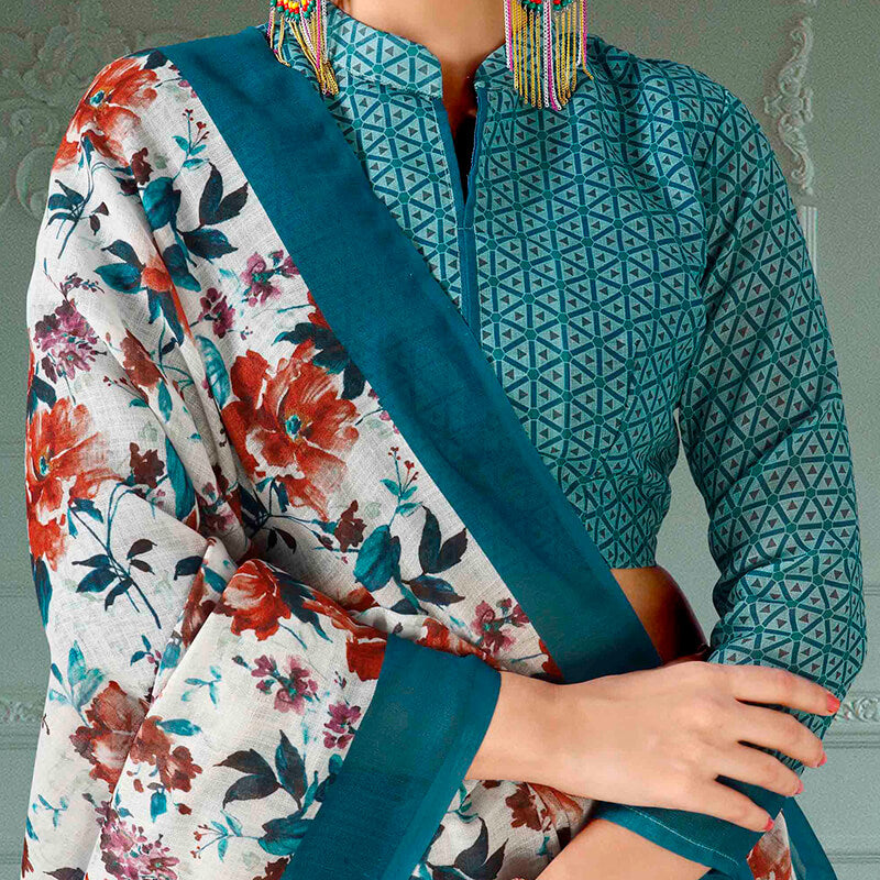 Powder White And Peacock Blue Floral Pattern Digital Printed Linen Textured Saree With Tassels