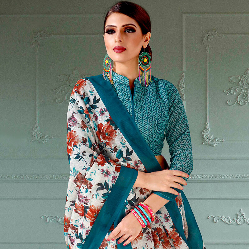 Powder White And Peacock Blue Floral Pattern Digital Printed Linen Textured Saree With Tassels