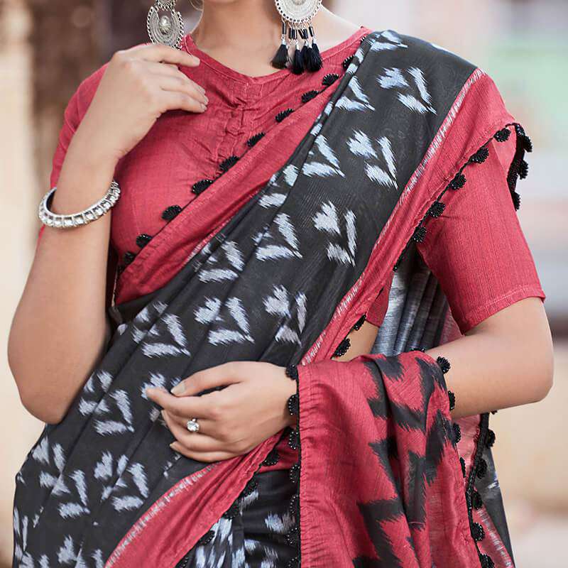 Black And Carmine Red Ikkat Pattern Digital Printed Art Tussar Silk Saree With Tassels