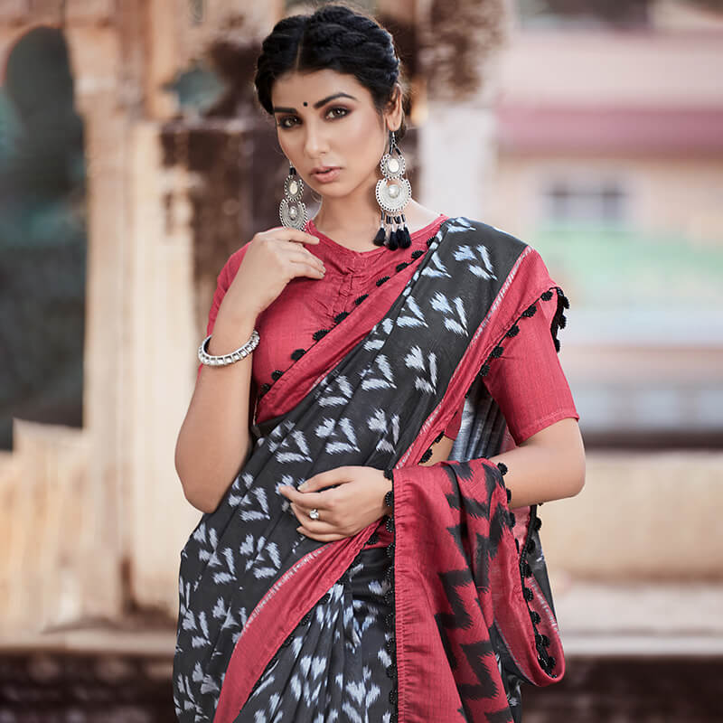 Black And Carmine Red Ikkat Pattern Digital Printed Art Tussar Silk Saree With Tassels