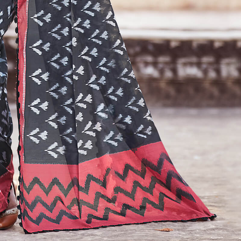 Black And Carmine Red Ikkat Pattern Digital Printed Art Tussar Silk Saree With Tassels
