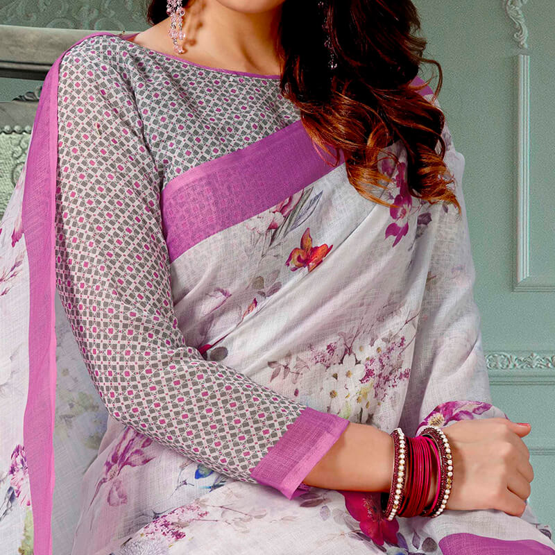 Snow White And Taffy Pink Floral Pattern Digital Printed Linen Textured Saree With Tassels