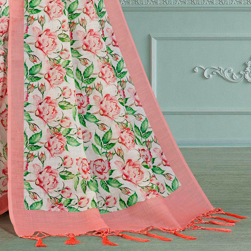 Light Cream And Coral Peach Floral Pattern Digital Printed Linen Textured Saree With Tassels - Fabcurate