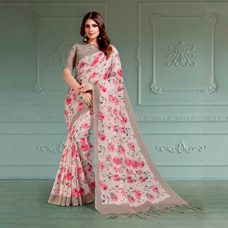 Tan Beige And Pink Floral Pattern Digital Printed Linen Textured Saree With Tassels - Fabcurate