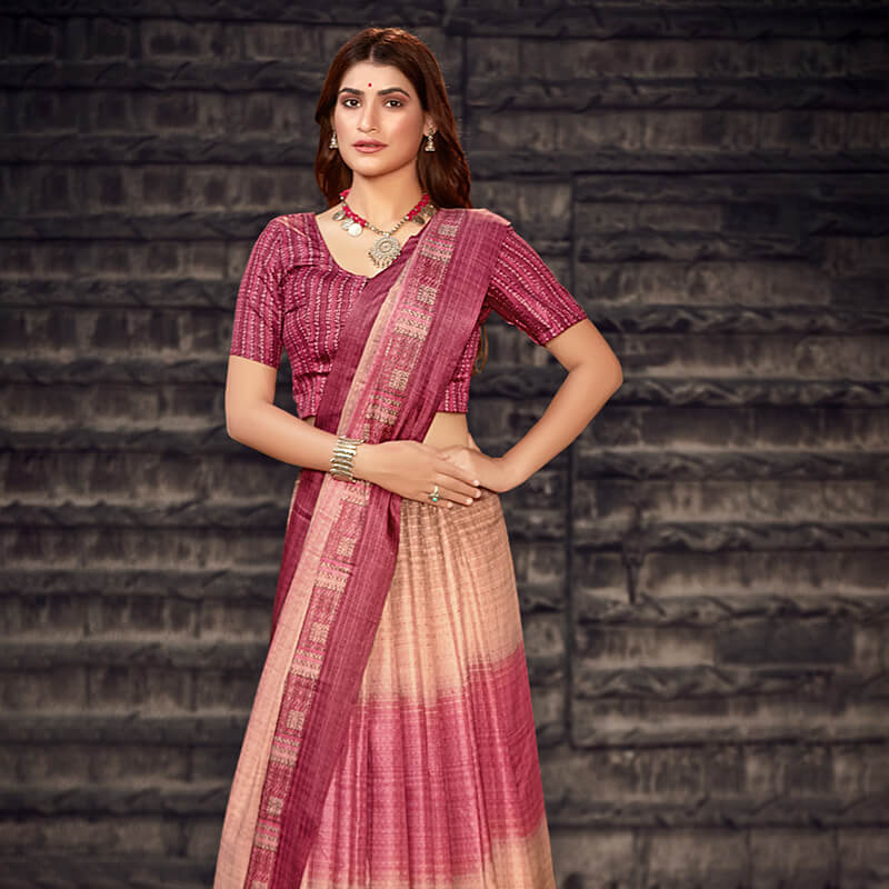 Beige And Rouge Pink Kantha Pattern Digital Printed Art Tussar Silk Saree With Tassels