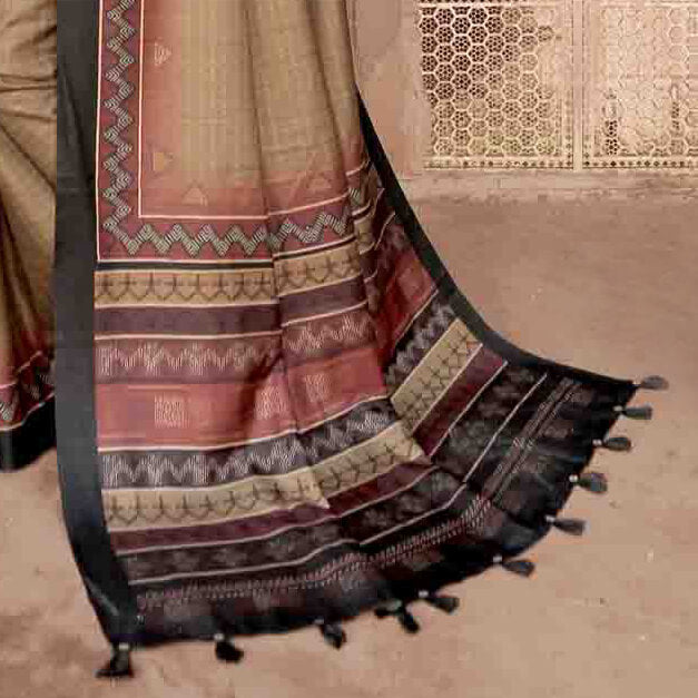 Olive Green And Black Kantha Pattern Digital Printed Art Tussar Silk Saree With Tassels