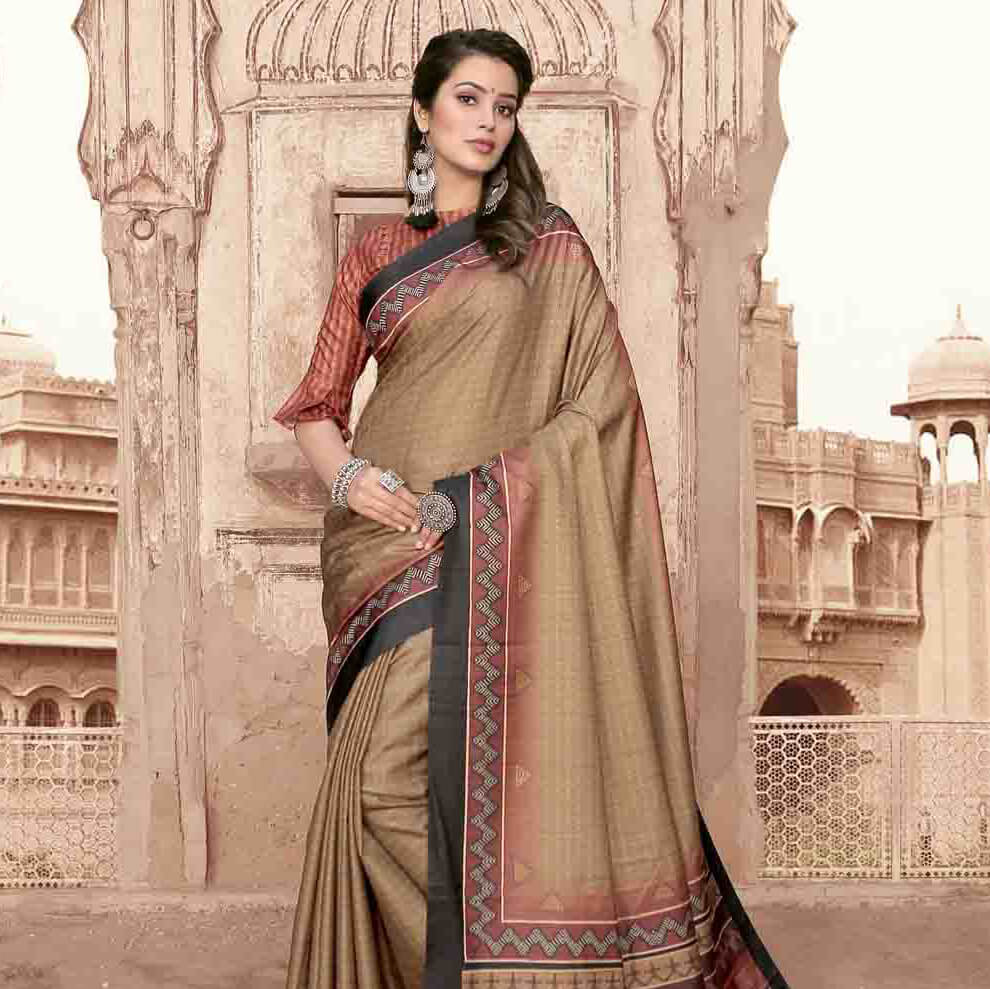 Olive Green And Black Kantha Pattern Digital Printed Art Tussar Silk Saree With Tassels