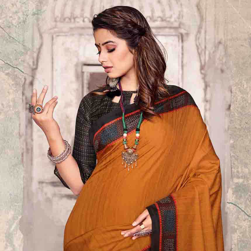 Ochre Yellow And Black Kantha Pattern Digital Printed Art Tussar Silk Saree With Tassels