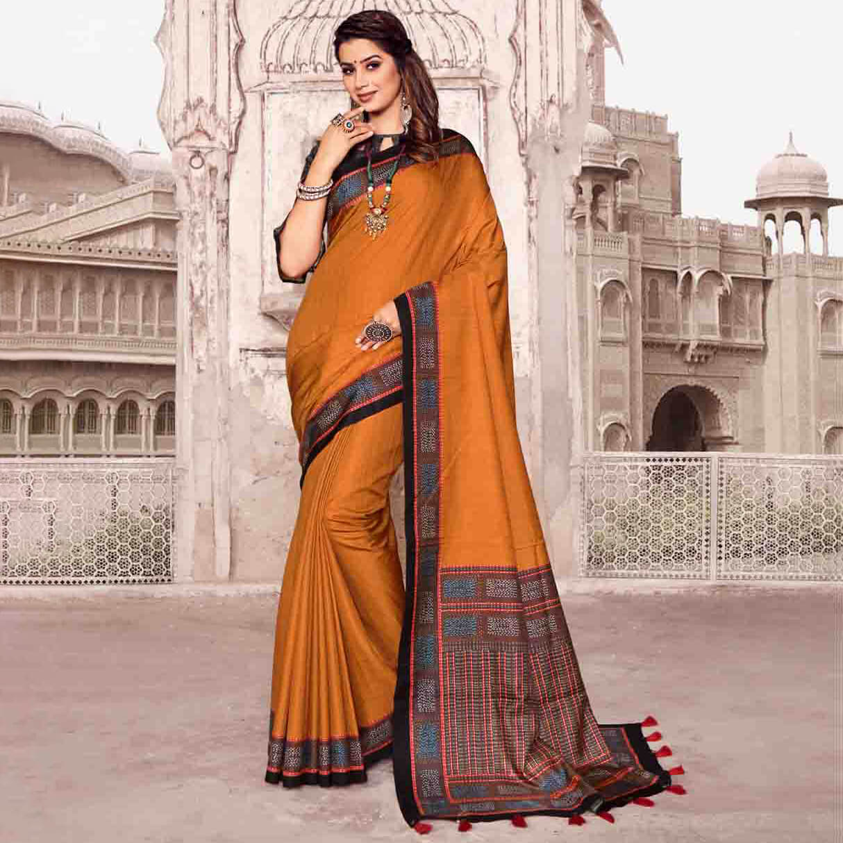 Ochre Yellow And Black Kantha Pattern Digital Printed Art Tussar Silk Saree With Tassels