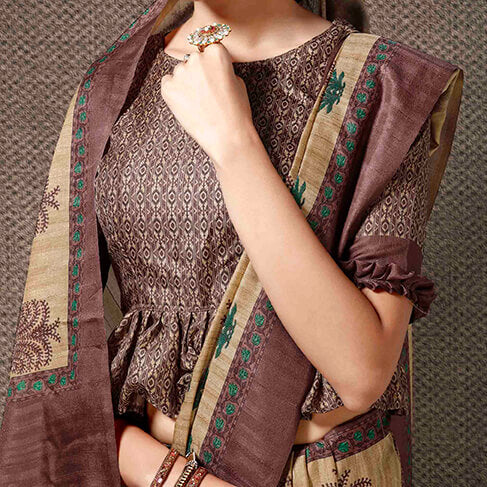 Beige And Brunette Brown Floral Pattern Digital Printed Art Tussar Silk Saree With Tassels