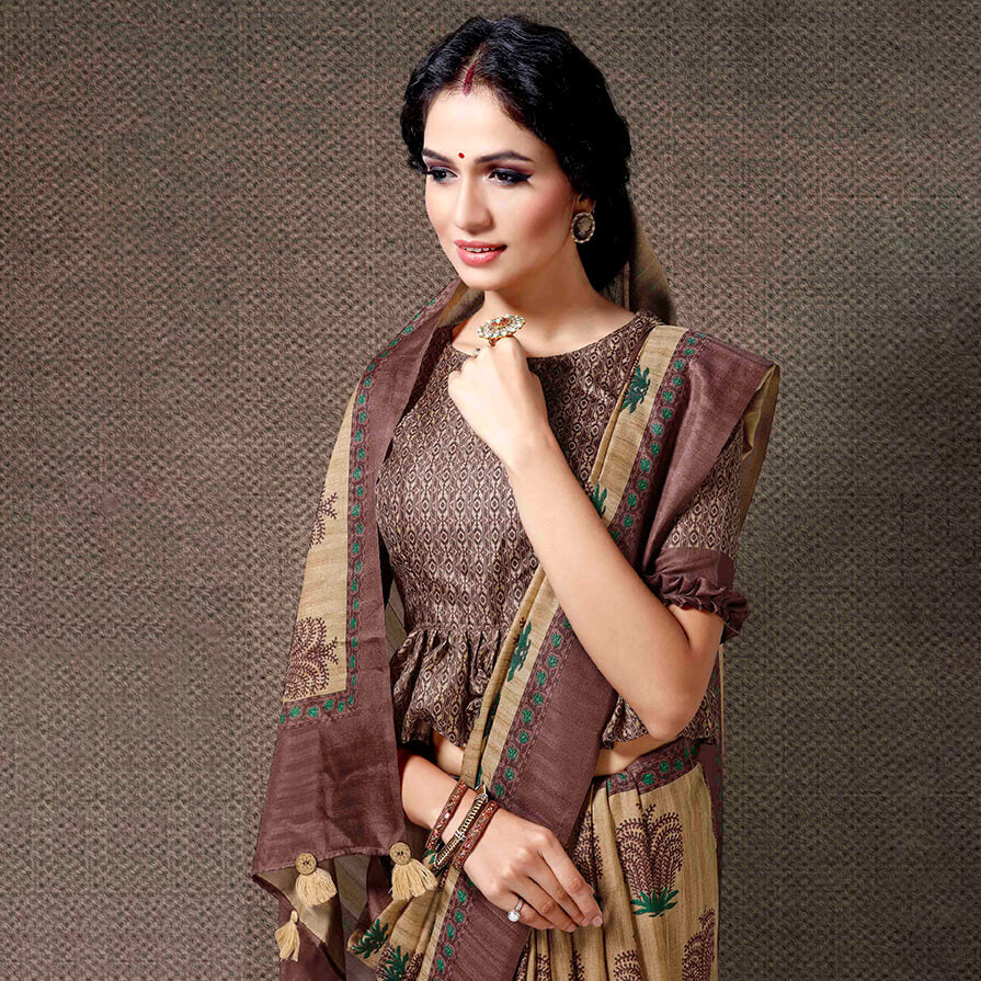Beige And Brunette Brown Floral Pattern Digital Printed Art Tussar Silk Saree With Tassels