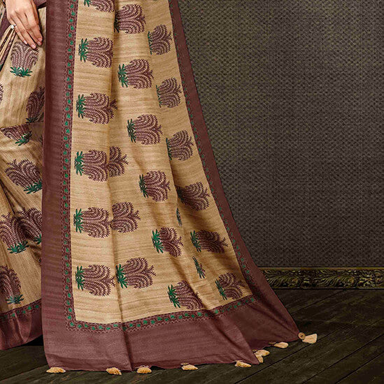 Beige And Brunette Brown Floral Pattern Digital Printed Art Tussar Silk Saree With Tassels
