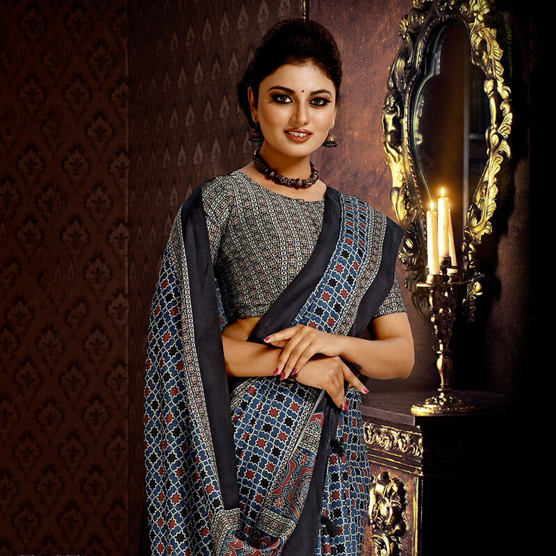 Indigo Blue And Brick Red Ajrakh Pattern Digital Printed Art Tussar Silk Saree With Tassels - Fabcurate