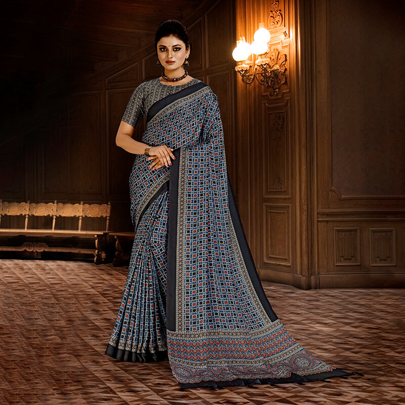 Indigo Blue And Brick Red Ajrakh Pattern Digital Printed Art Tussar Silk Saree With Tassels - Fabcurate