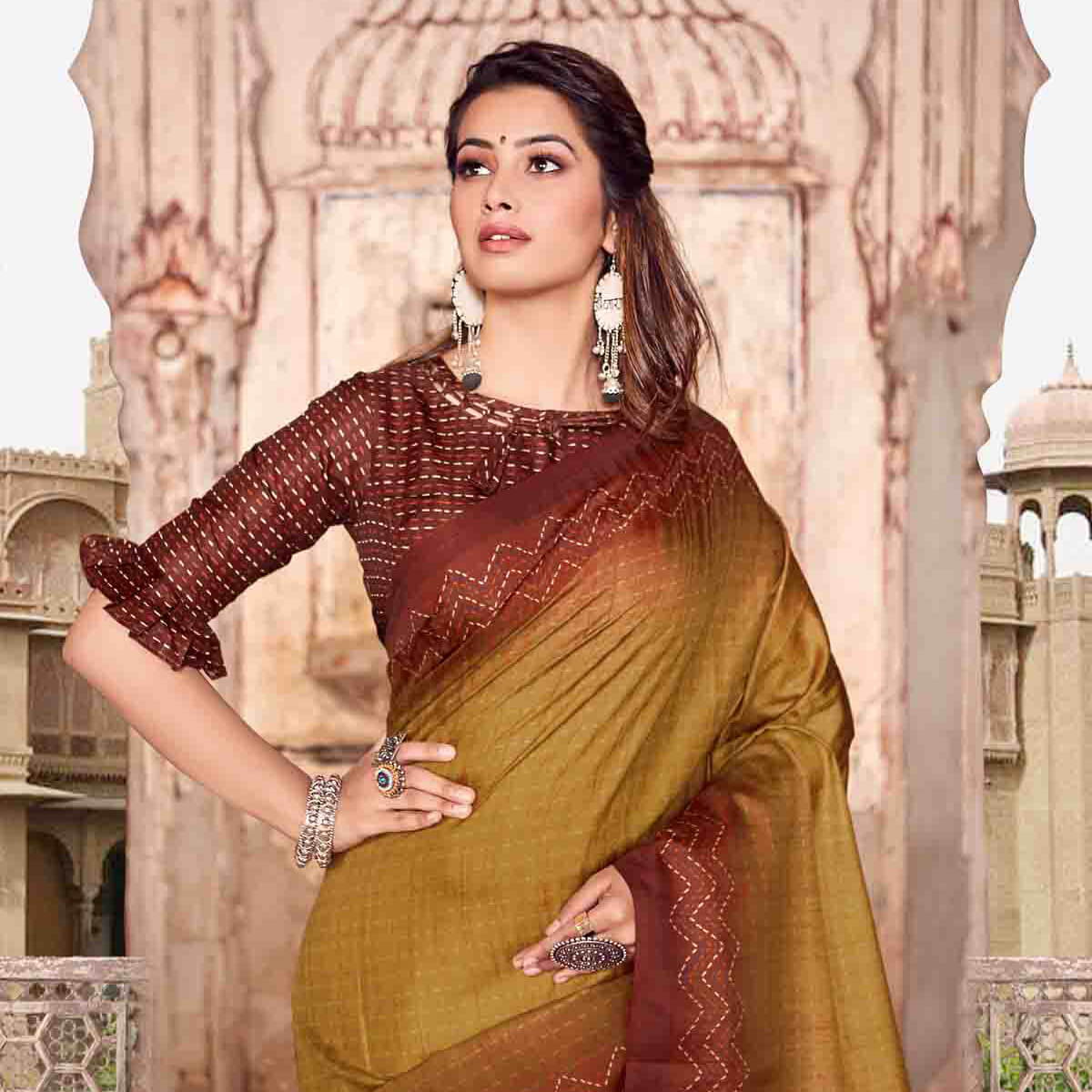 Dirty Gold Yellow And Maroon Kantha Pattern Digital Printed Art Tussar Silk Saree With Tassels