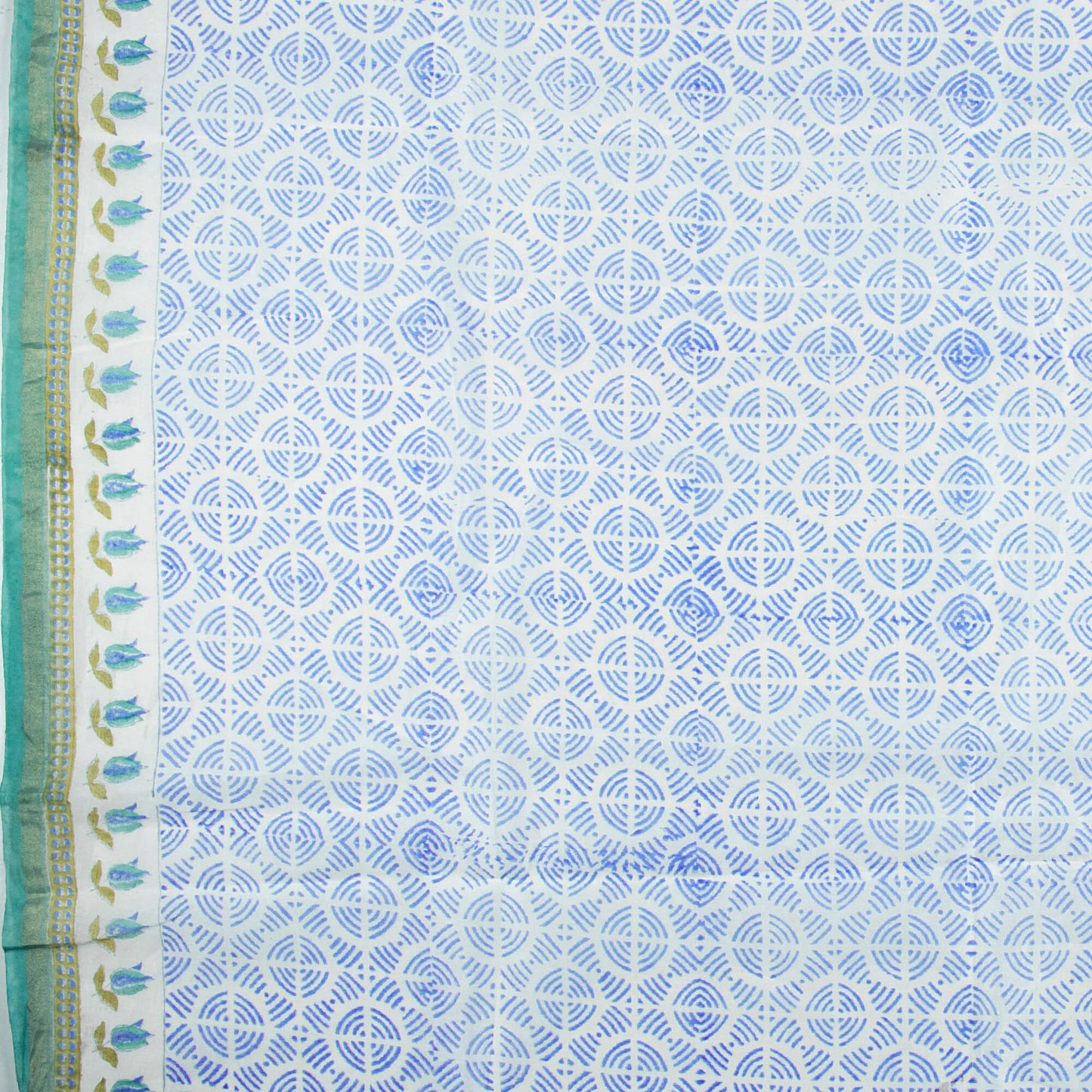 White And Royal Blue Geometric Pattern Handblock Zari Bordered With Heavy Pallu Pure Chanderi Saree With Blouse - Fabcurate