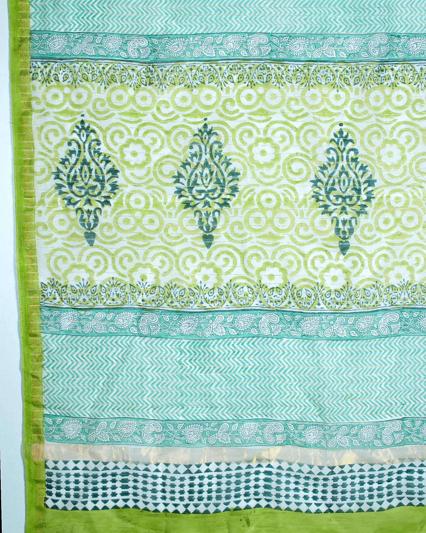 White And Pear Green Floral Pattern Handblock Zari Bordered With Heavy Pallu Pure Chanderi Saree With Blouse - Fabcurate