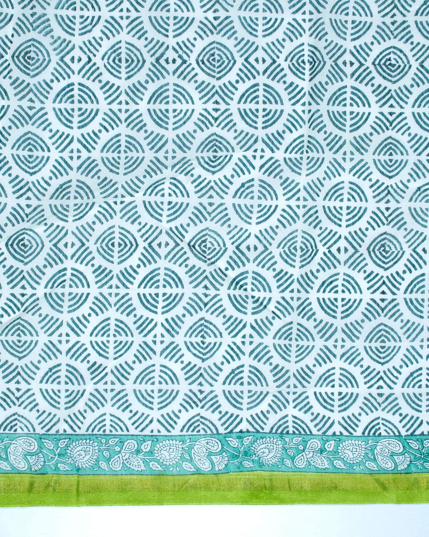 White And Pear Green Floral Pattern Handblock Zari Bordered With Heavy Pallu Pure Chanderi Saree With Blouse - Fabcurate