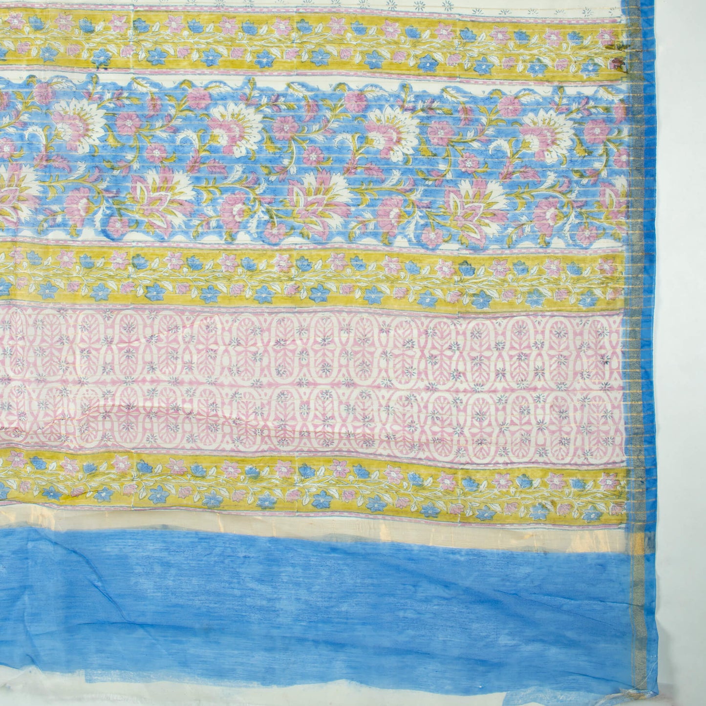 Sapphire Blue And Iris Purple Floral Pattern Handblock Zari Bordered With Heavy Pallu Pure Chanderi Saree